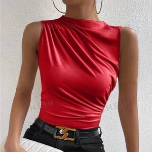 Red “Shein” Frenchy Mock Neck Ruched Tank Top!